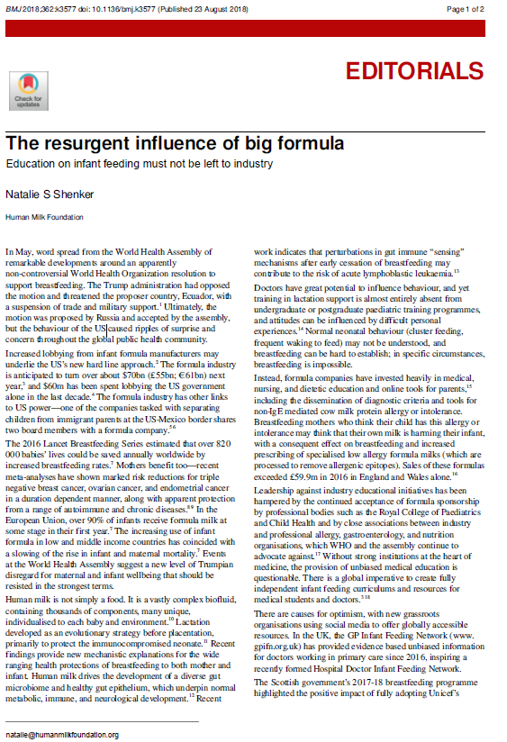 The resurgent influence of big formula Human Milk Foundation